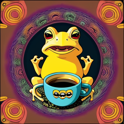 A hillarious, funny boho toad with some hippie colored coffee cups. Psychedelic decorated background.