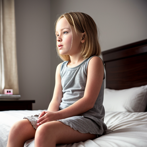 blonde little girl, sitting on bed, on the bedroom