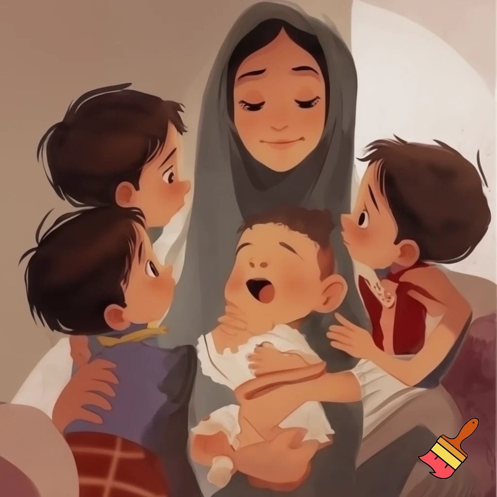 Je veux une famille normale avec une maman fine et voilée avec 3 garçons d'environ 10 ans une petite fille de 8 ans une fille de 4 ans et un bébé ils ont tous les cheveux noirs bruns et je veux pas de salon arabe juste la maman est voilee 