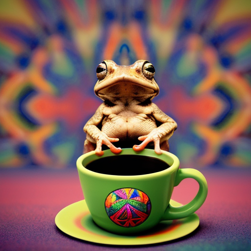 A hillarious, funny boho toad with some hippie colored coffee cups. Psychedelic decorated background, hyperrealistic. Close-up view.
