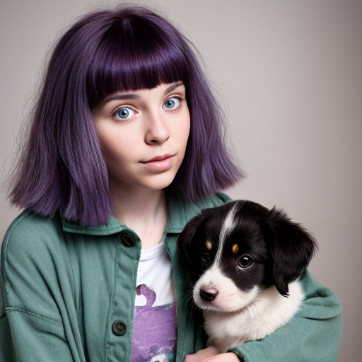 a girl with a whimsical eye and luscious purple hair baggy old green clothes and a puppy with blue fur