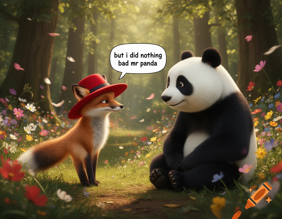 but i did nothing bad mr panda said the fox with the red hat to the panda  tesher