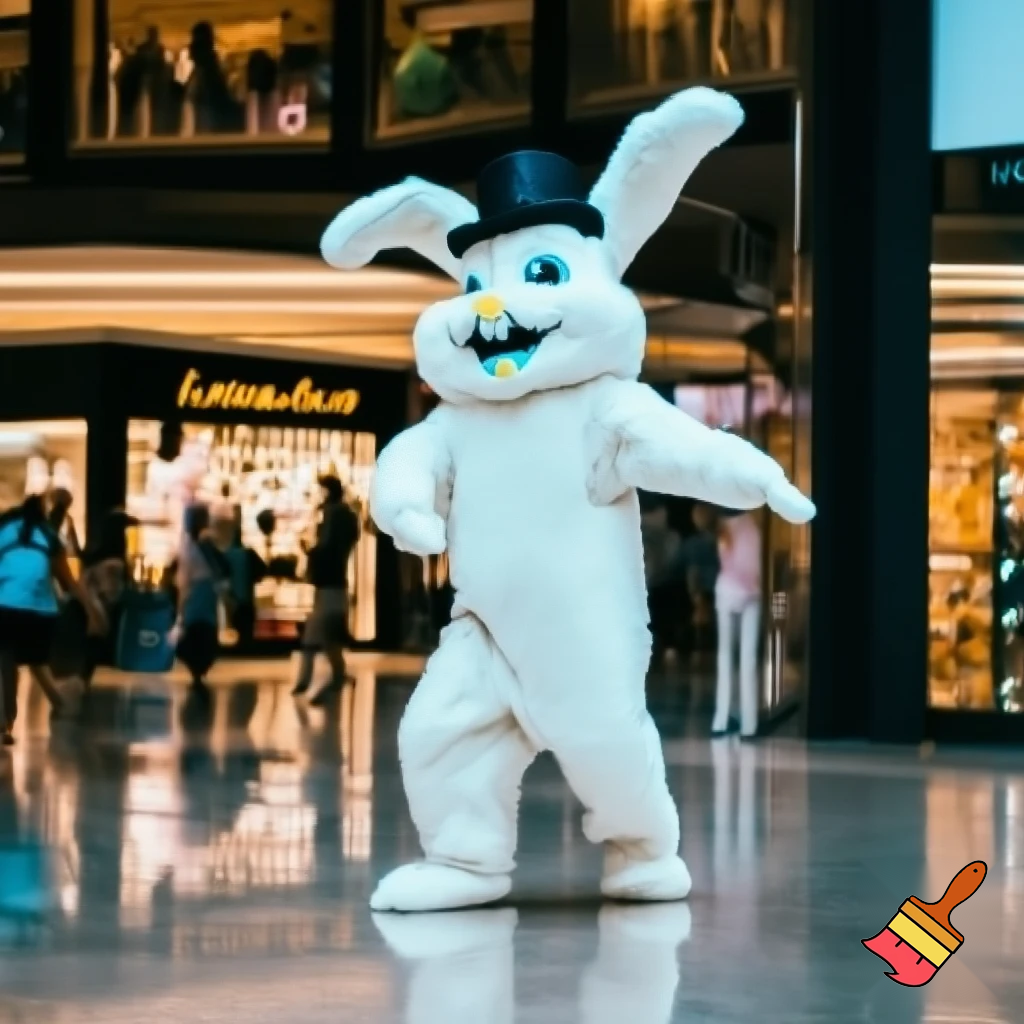Easter bunny mascot top hat at the shopping centre mascot costume Darrell Lea magic room Australia dancing