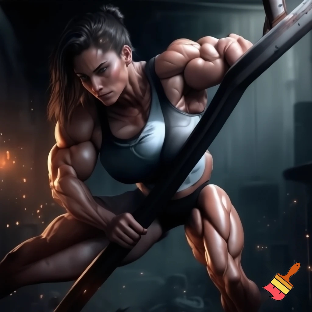 A woman with super-human muscles bend an iron bar 