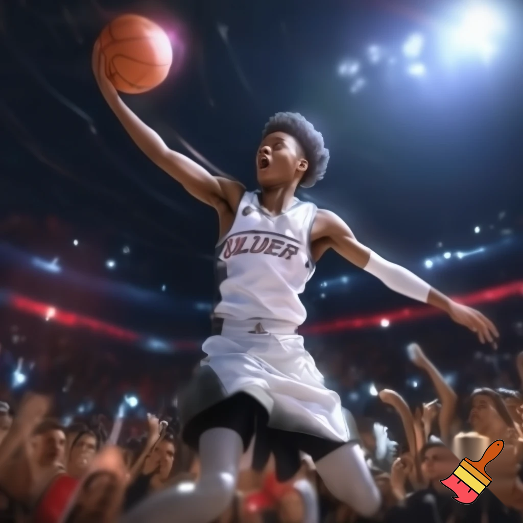 


teen Black basketball player in a white Bullard jersey hitting a game-winning three-pointer, dynamic action shot, crowd cheering
