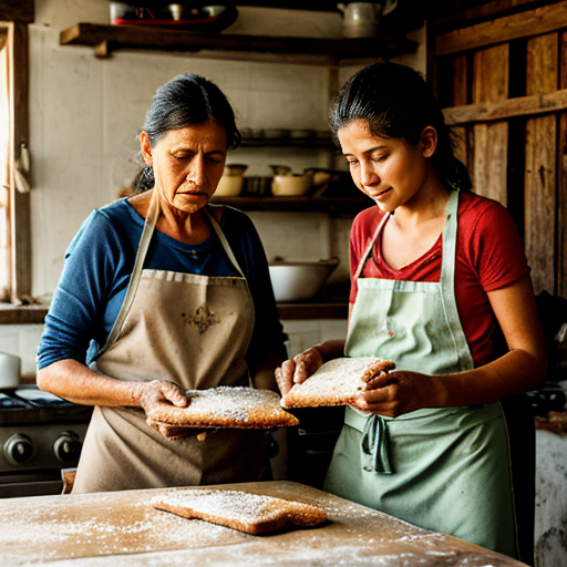 Grandmother and teen cooking cassava bread in a rustic Amazon kitchen.”