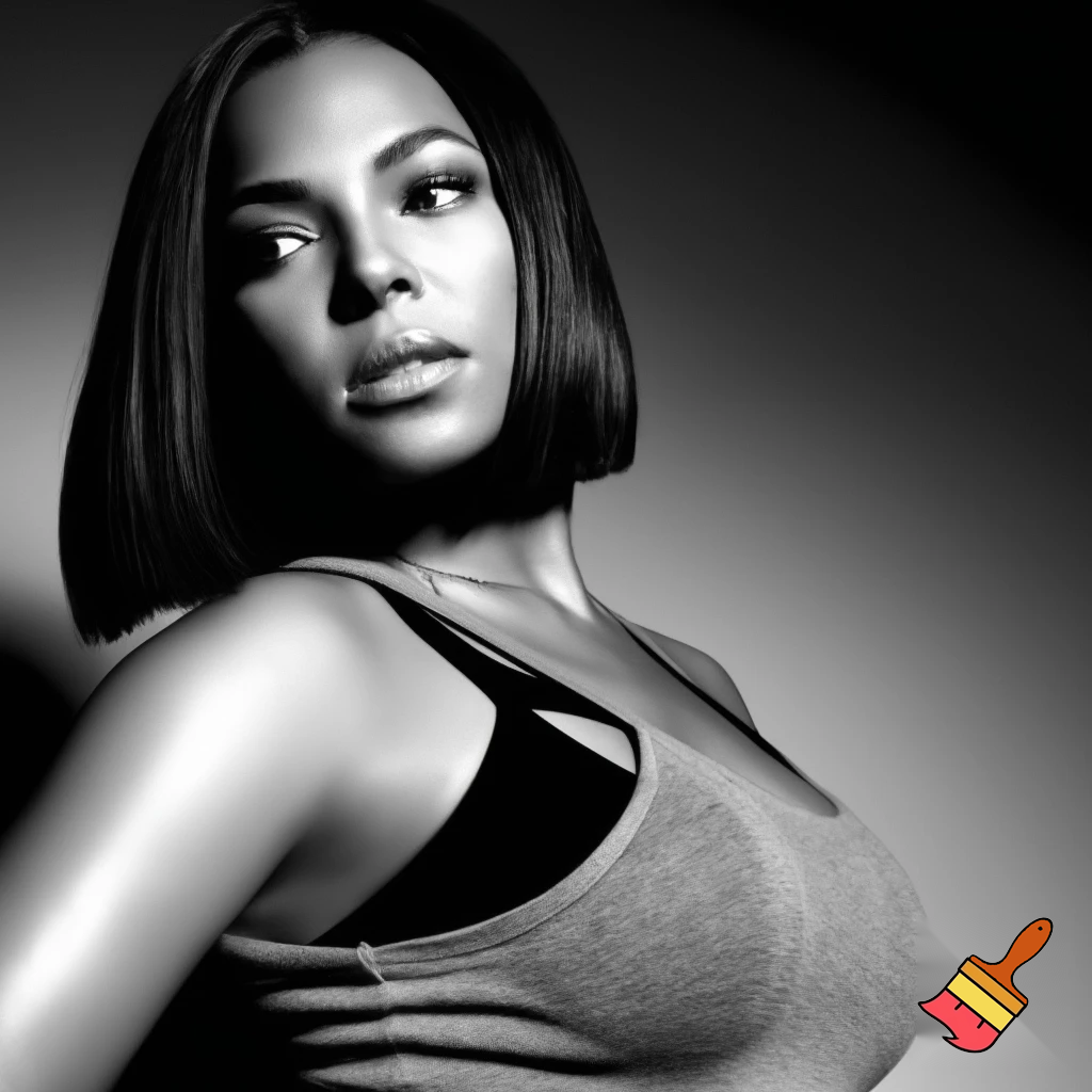 Black and white image of Ashanti Wearing a grey tank top and black bra and has a sleek middle part bob hair