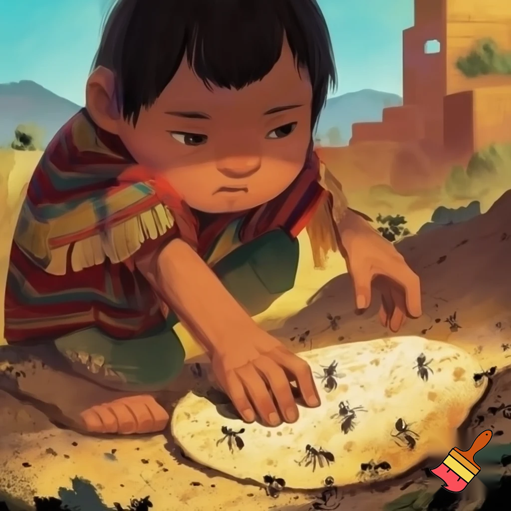 an Aztec boy playing eating ants out of an ant hill and putting them on a tortilla.
