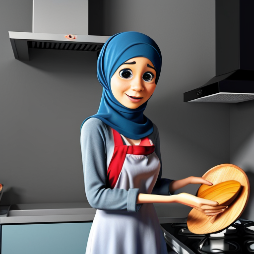 Pixar-style 3D cartoon character, standing at the stove, cooking gesture, exaggerated cartoon features, big expressive eyes, Muslim woman 35-40 years old, fully covered in wide light blue dress, headscarf covering all hair, modest appearance, gray background, consistent character, simple cartoon style, cinematic lighting