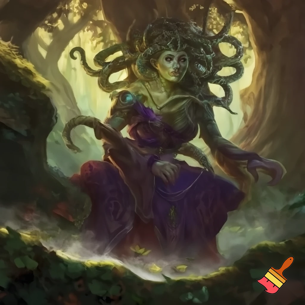 Gorgon shamaness with covered face. Purple clothing. Snake hair. Green skin and scales. In forest. High quality. In the style of dungeons and dragons.