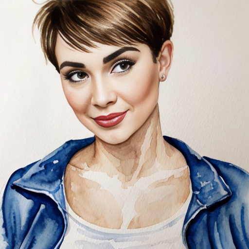 Tomboyish girl with huge muscles, Clipped Pixie haircut, round face with a defined jawline, thick and muscular neck and large and rounded breasts in unbuttoned jacket over blue T-shirt 