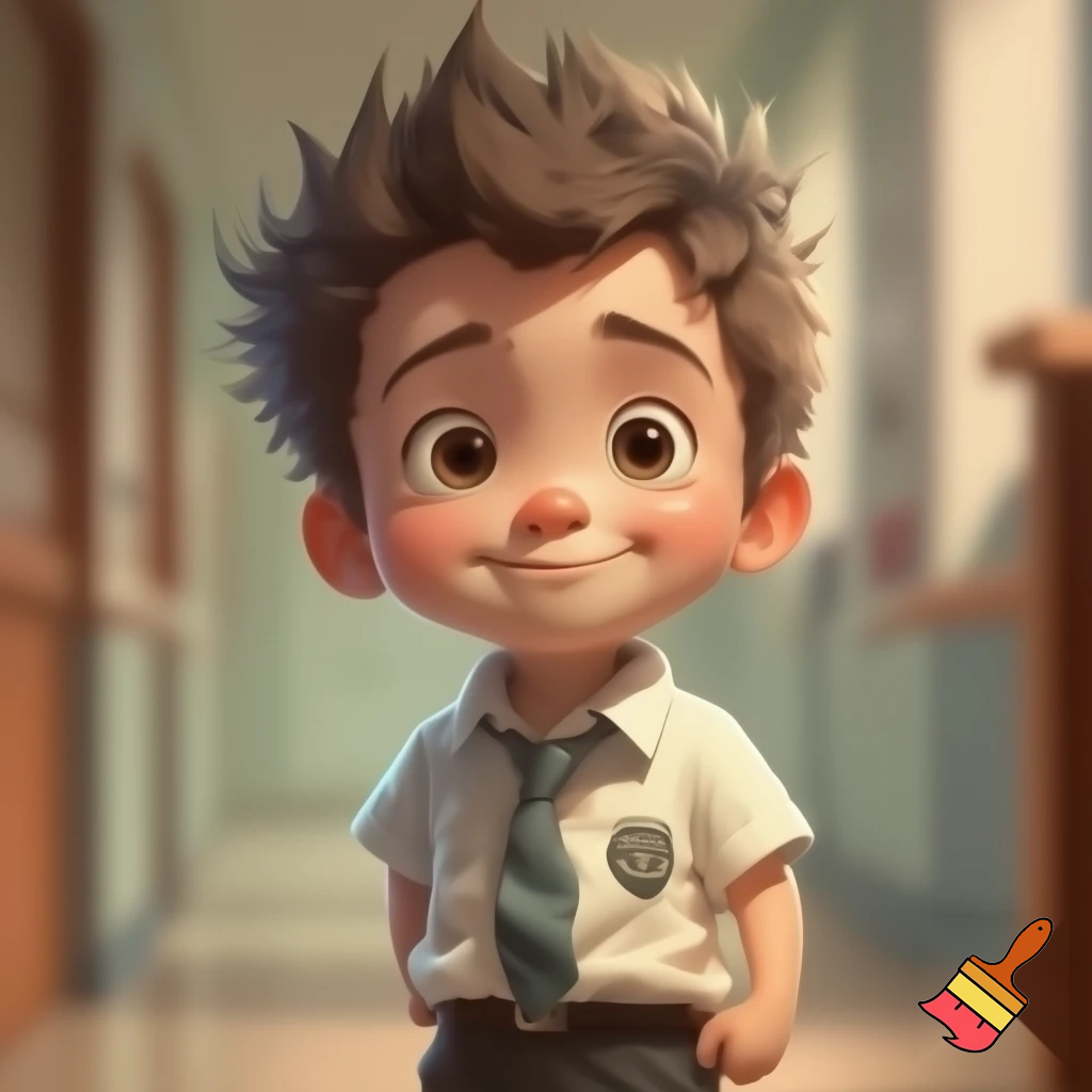 A young boy with haircut spiky hair , chubby in school uniform 