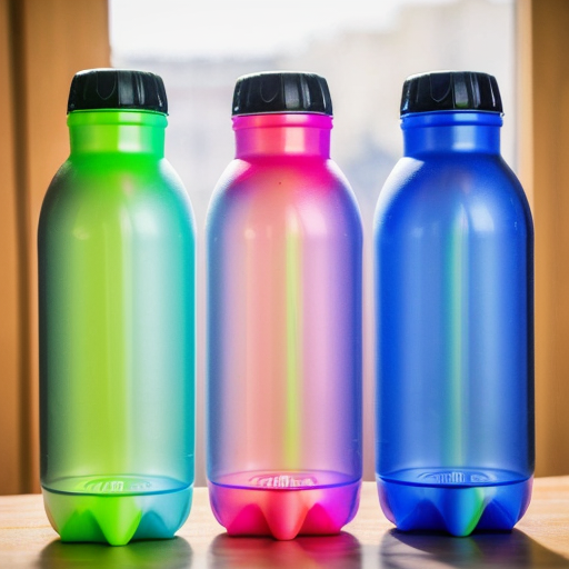an energy drink bottle for boosterade  the plastic see through bottle is blue yellow and pink 
