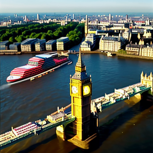 Aerial view of British and English city of London with Palace of Westminster, Big Ben, River Thames, sci-fi futuristic buildings, sci-fi futuristic skyscrapers and blue sky in 2625.
