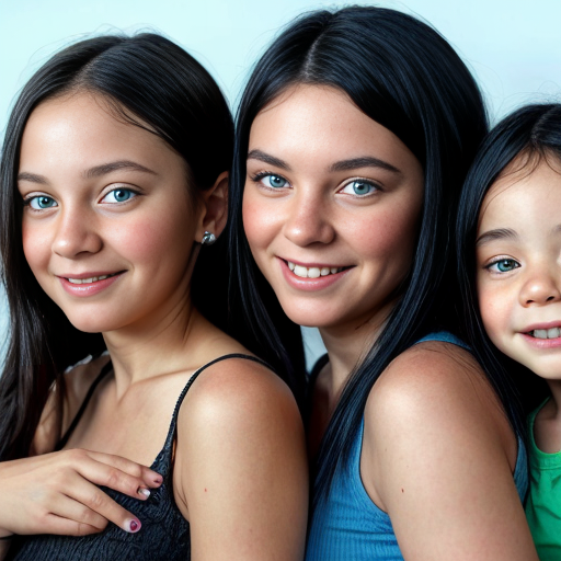 create a family photo with a mom whos  26 years old  and make her have black long hair with light blue eyes. with her boy triplets 2 years old with black hair and green eyes and then with her triplet daughters who are 16 make them have blue eyes with black long hair 
