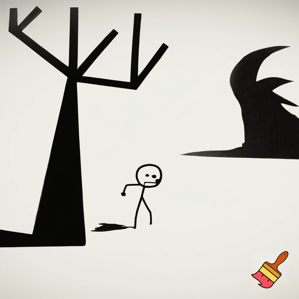 Ancient human survival

Stick figure hiding behind tree, predator in distance, black and white, minimalist, xkcd-style, survival concept illustration