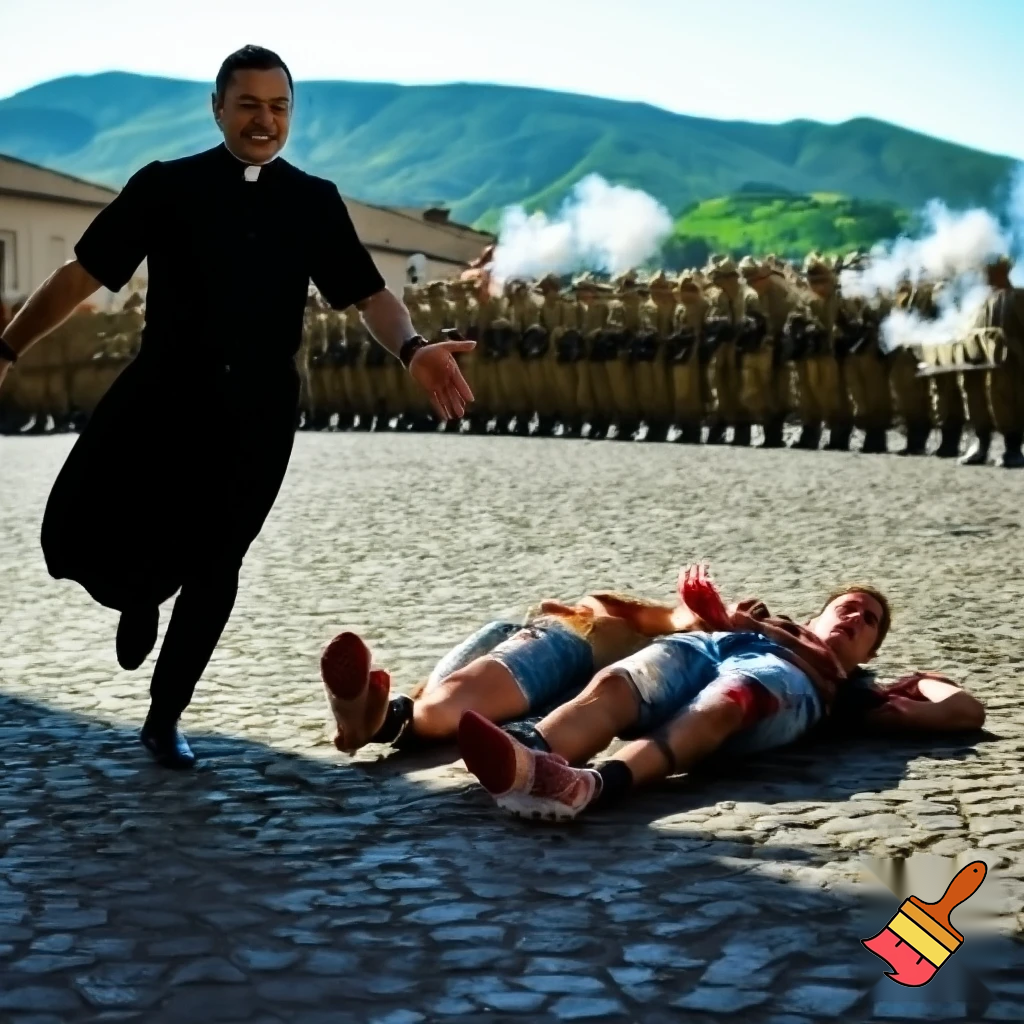 In the foreground, two young men fall to the ground, wounded; on the left, a priest runs to the rescue; in the background, a firing squad fires. Summer; setting: square with Italian hills in the background.