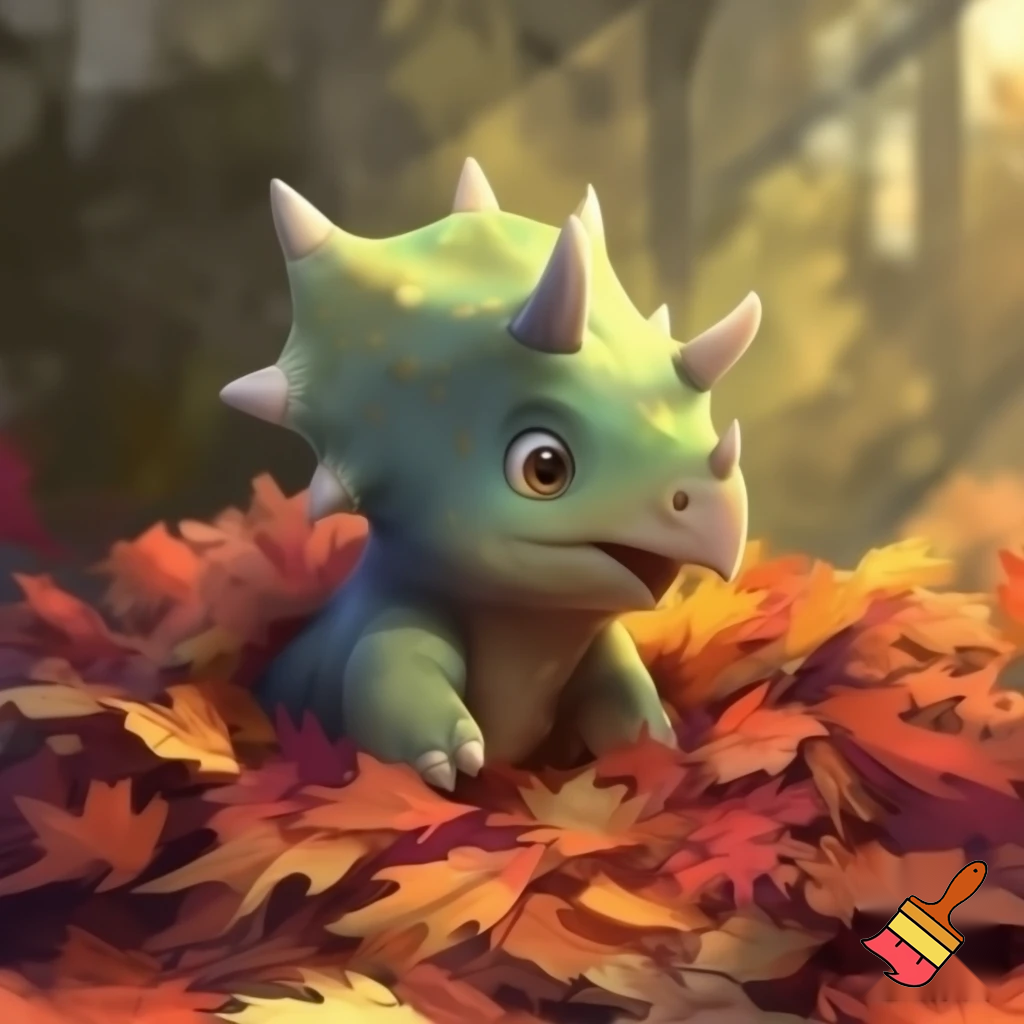 Draw a cute baby triceratops In the wild covering his head in a pile of leaves 