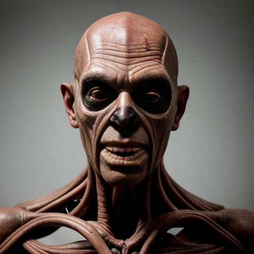 a 10 ft tall skinless figure with a weird looking mask on its face make it look like a cursed image from the 1960s 