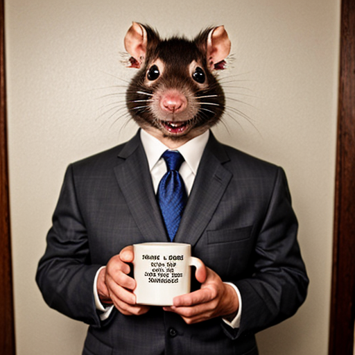 Strong rat, cheese in hand, mug shot evil with suit rat