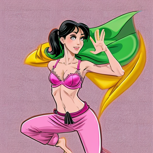 90's disney's 2d aladdin style comic black background and panels of 
panel 1 a black haired ponytail curvy figure woman with green skin,green harem pants pink bra and pink sash and pink curved slippers with both hand palms place together and hiding the bottom of her mouth with a green veil wrapped around her arms. 
panel 2 she danced with green skin,green harem pants pink bra and pink sash and pink curved slippers and green veil covering her shoulders and arms and raising legs and bounced up and down her belly. 
Panel 3  and which causes an electric discharge to form which transforms her green striped veil from shoulders and arms of the black haired ponytail woman with green skin,green harem pants pink bra and pink sash and pink curved slippers into a bolt of lightning. 
Panel 4 which the black haired ponytail woman with green skin,green harem pants pink bra and pink sash and pink curved slippers grabs the lightning bolt from her shoulders and arms with one hand. 
panel 5 then the black haired ponytail woman with green skin,green harem pants pink bra and pink sash and pink curved slippers rubs the lightning bolt on her butt with the lightning bolt against her butt and shook her hips left and right. 
panel 6 then as the black haired ponytail woman with green skin,green harem pants pink bra and pink sash and pink curved slippers still shook her butt left and right she turns and her butt is now facing the viewer while rubbing the lighting bolt with her. 