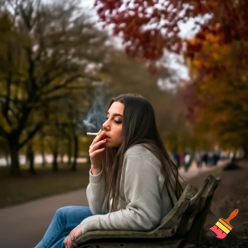 a 26 year british girl sitting on park bench smoking