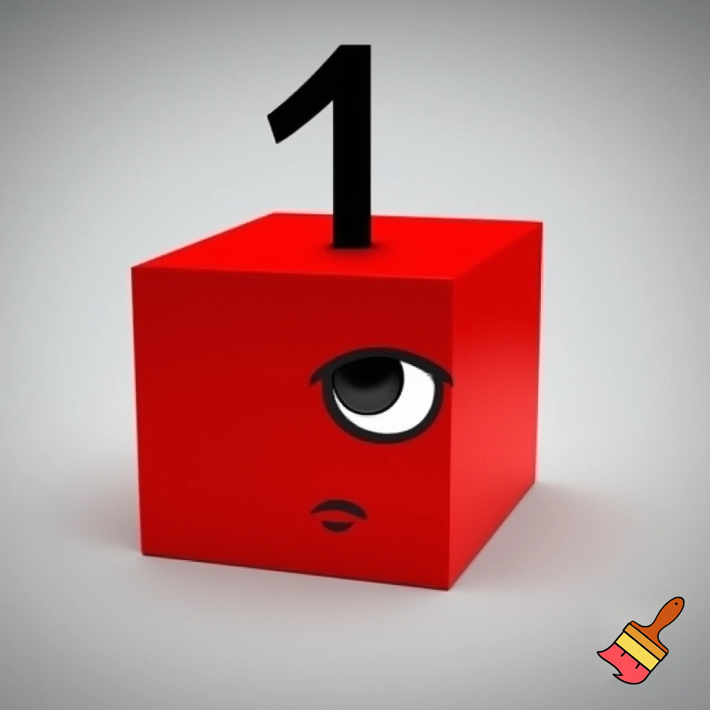 1 red block that has a face with 1 eye and has a black number 1 above