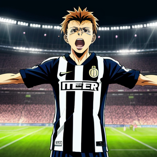 Anime-style illustration of Nicolò Barella in the foreground, front and center, performing his iconic goal celebration with intense expression, dynamic action pose, highly detailed blue and black Inter Milan jersey, clearly recognizable but drawn in anime style. Behind him slightly are Lautaro Martínez and Francesco Pio Esposito doing their classic celebrations, also recognizable in anime style. In the background the rest of the Inter players are scattered across the scene, large Inter Milan logo filling the backdrop, stadium atmosphere, dramatic lighting, high detail, vibrant colors