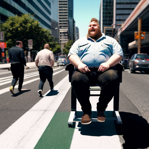a large but not fat guy in an office chair. One leg is broken and extended horizontally into the seat of another office chair. The guy is sitting on a flat board that holds his leg between the two chairs. Each chair is being pushed by a friend. The group is crossing a crosswalk amidst busy city traffic.
