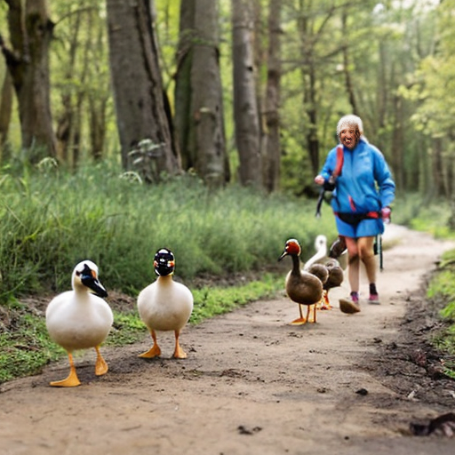 Mother duck and five little ducks go in for a walk in the forest