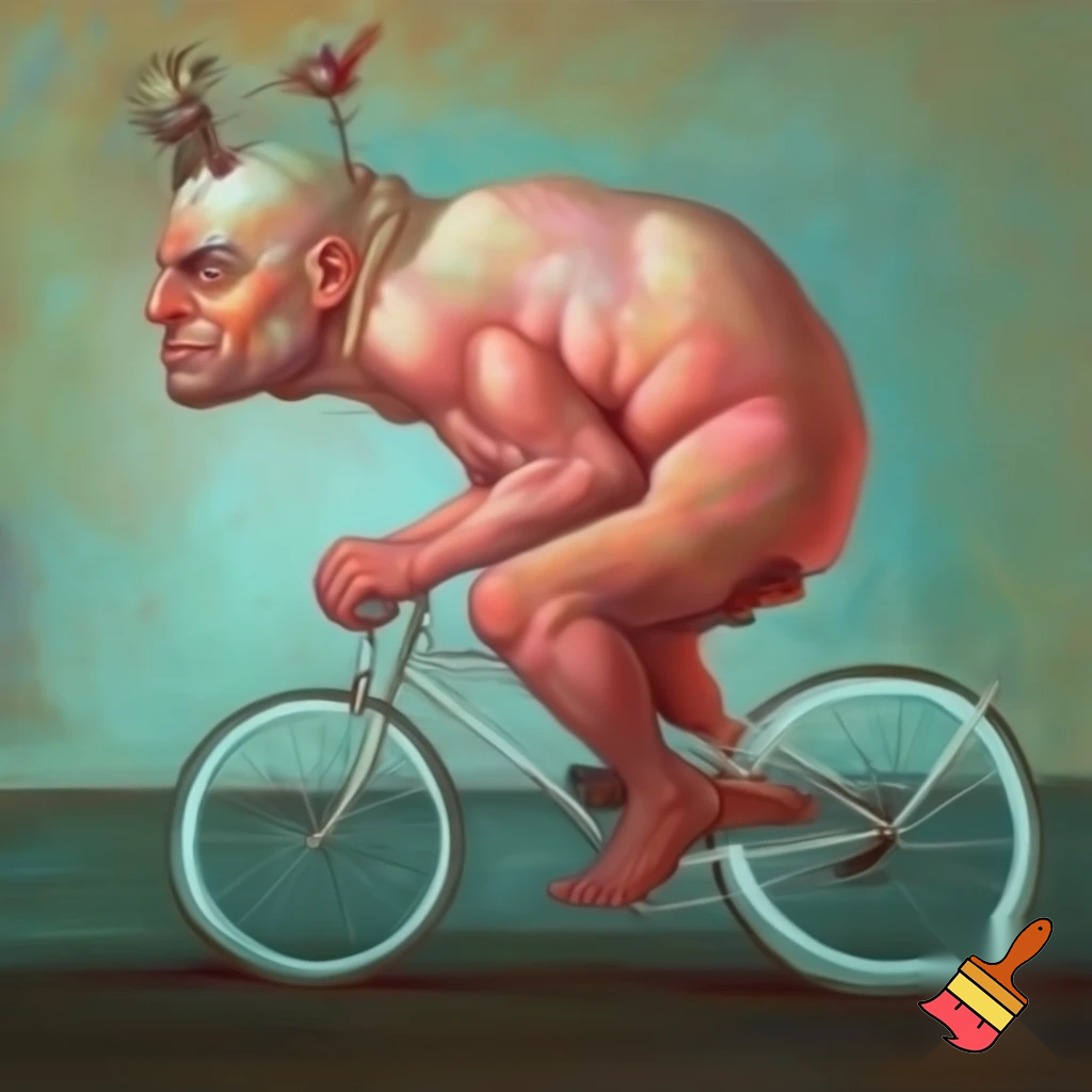 A large sexy monster riding a bicycle nude, big penis