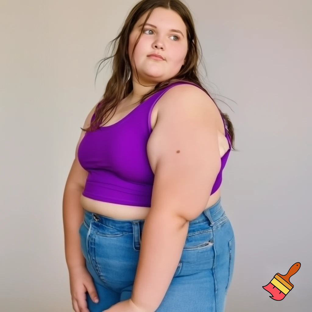 12 year-old girl, fat body, purple crop top, smooth blue jeans