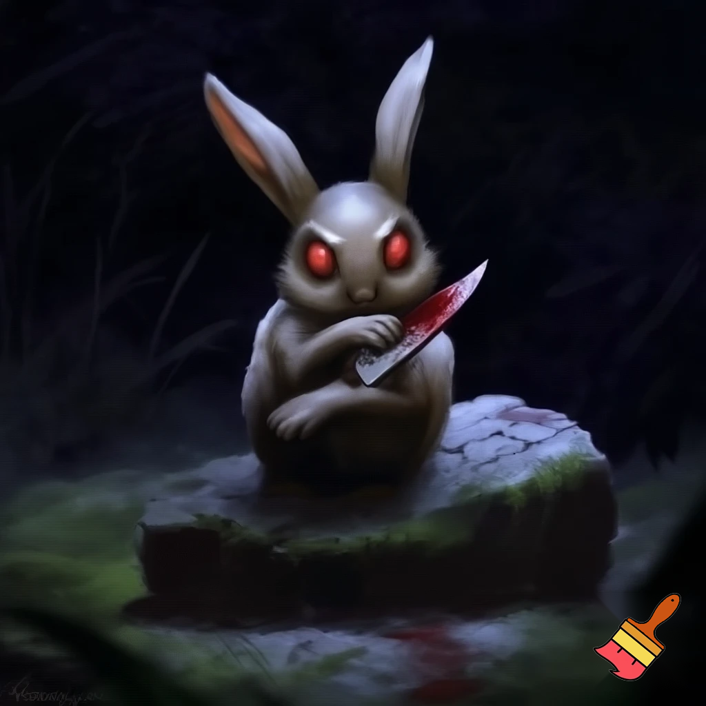 european rabbit, red eyes, bloody knife, black night, on a stone
