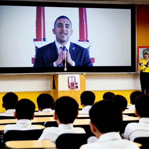 Students watched a recording of the speech delivered at a school assembly in Abu Dhabi.
•	The speaker begins in a calm voice and pauses briefly before the word “future.”
•	When he says “the potential of our youth,” he raises his voice for emphasis.
•	He points toward the students sitting in front of him and smiles.
•	A large screen behind him shows images of rockets launching and students studying in classrooms.
•	The audience begins clapping before the speech ends, and the speaker nods in response.
