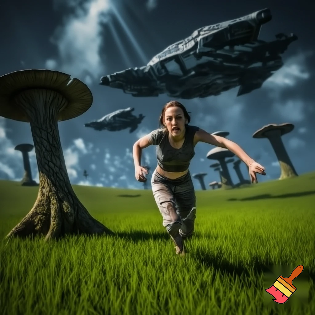 a woman is running in a green field with giant mushrooms, escaping from alien starships
