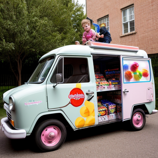 a free candy van with little kids hanging outside of it 