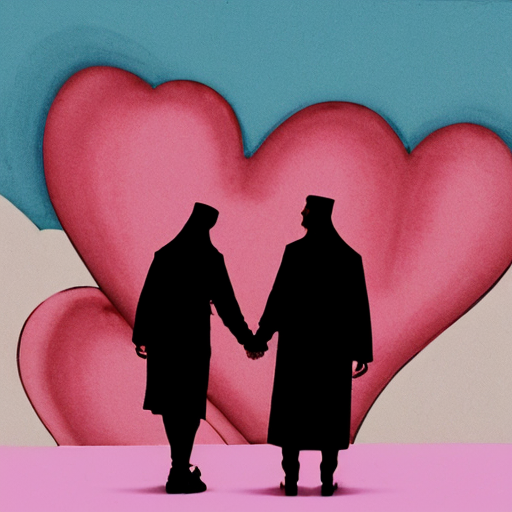 A Muslim, a Christian, and a Jew holding hands with hearts in the background 