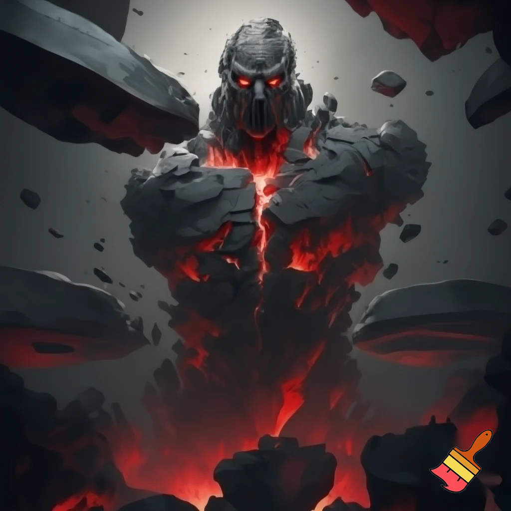 A massive stone creature made of floating black rock fragments held together by red glowing energy. His body looks like a broken statue drifting in place, with heavy stone plates orbiting around him. His mask-like face has a red crack running vertically down the middle. He looks intimidating, powerful and ancient, with an aura of weight and gravity.
