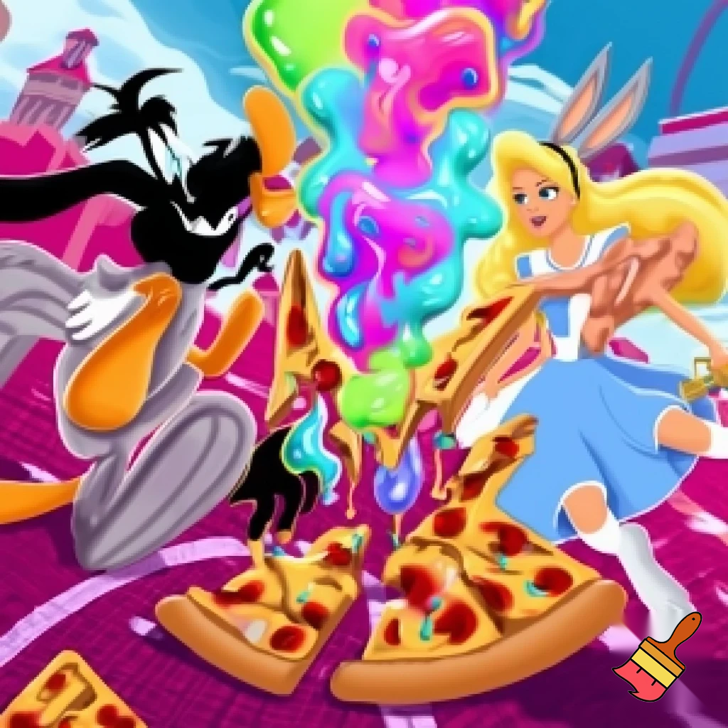 Barbie and Alice angel see bugs bunny and daffy duck running from the police while eating slimey, rotten pizza while farting