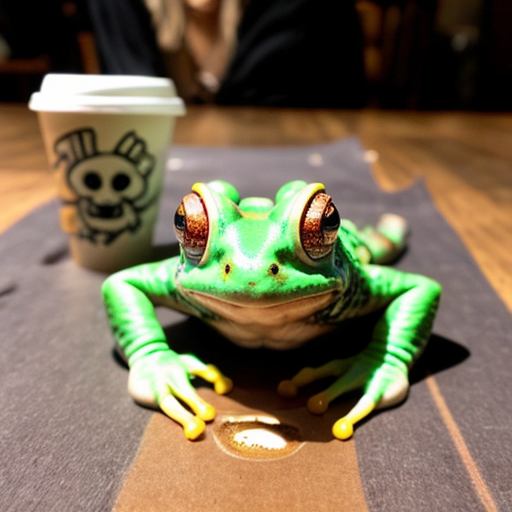A hillarious, funny boho toad with some hippie colored coffee cups. Psychedelic decorated background, hyperrealistic. Close-up view.