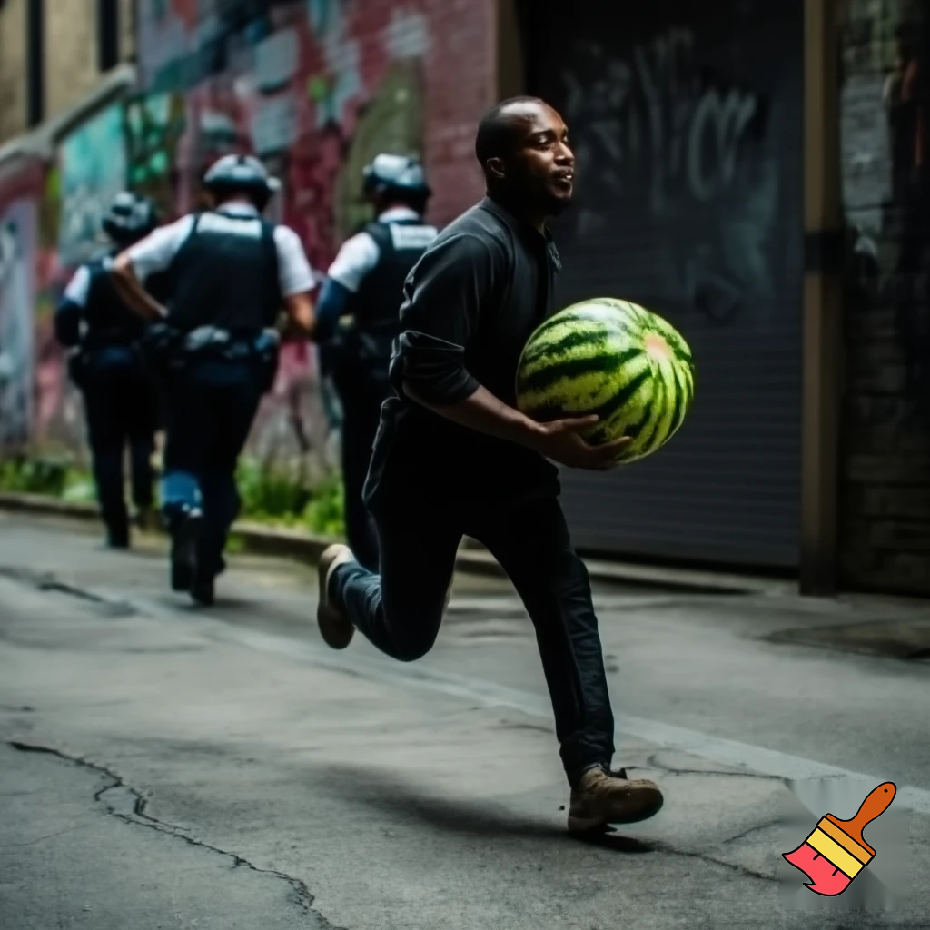 black guy running from cops with stolen watermelon