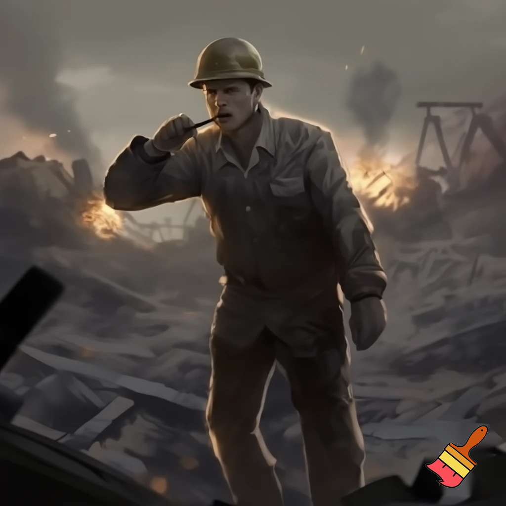 construction worker eating licorice in a warzone

