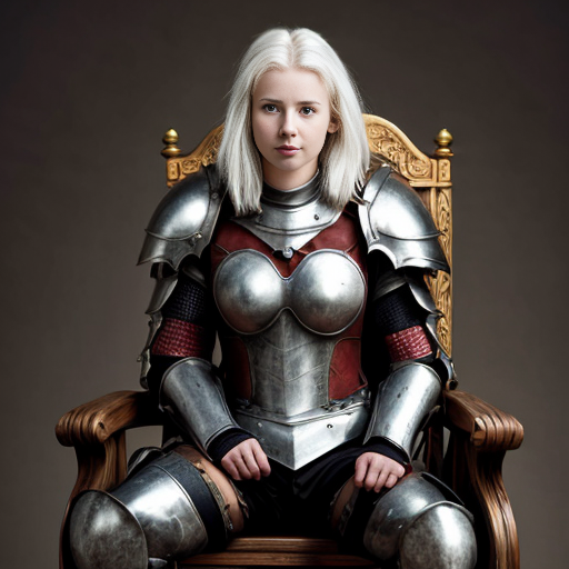 young tall white-haired woman in armor sits on a throne