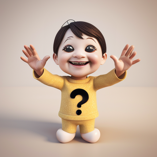 A cheerful smiling question mark character, cartoon style, big expressive eyes, friendly and curious expression, bright yellow color, playful pose, waving hand, colorful whimsical background with floating stars and sparkles, joyful atmosphere, 3d render style, high detail, cute and inviting.
