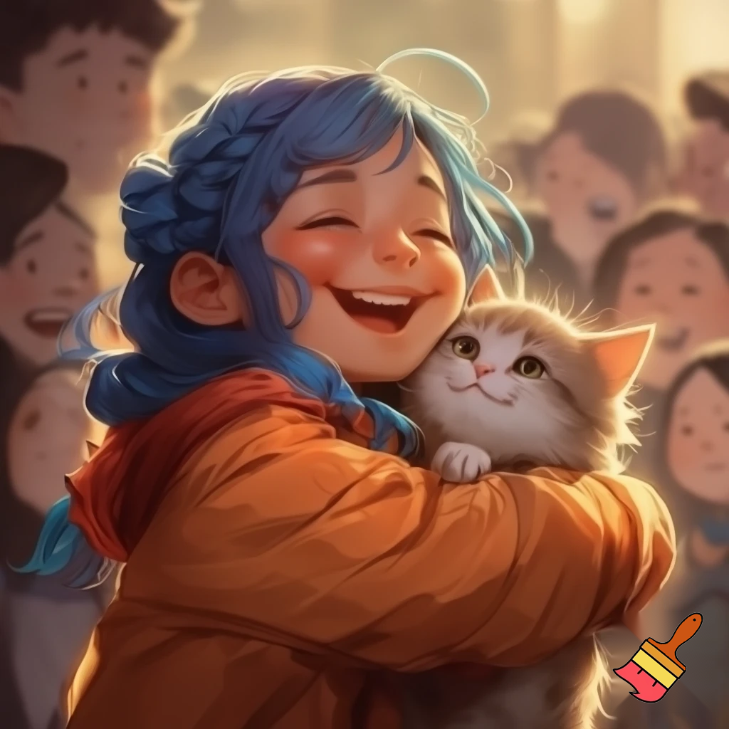 a girl with blue hair braid and a orenge jacket holding a cat and a smle all the people like her she was so famous