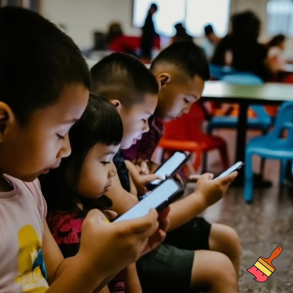 Many kids (teenagers and toddlers) looking at their phones at school