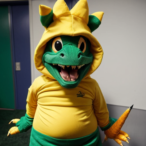 garney the a fattest an green color a dinosaur + yellow color an belly & yellow color an spike + White color an Toen-Nails + Green color an tailed with a 8 an Circle a Yellow color an sided a views the a tailed + Green color an headed with a yellow color an spiked a spined an big an headed an costume mascote in realistic photography the a physics an video a style and 2015-2026 an children the a dinosaur an fictional a style