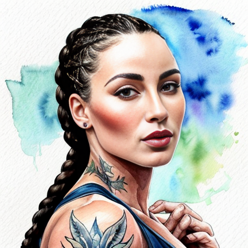 Muscle women  dark red cornrows dark green eyes tattoos
