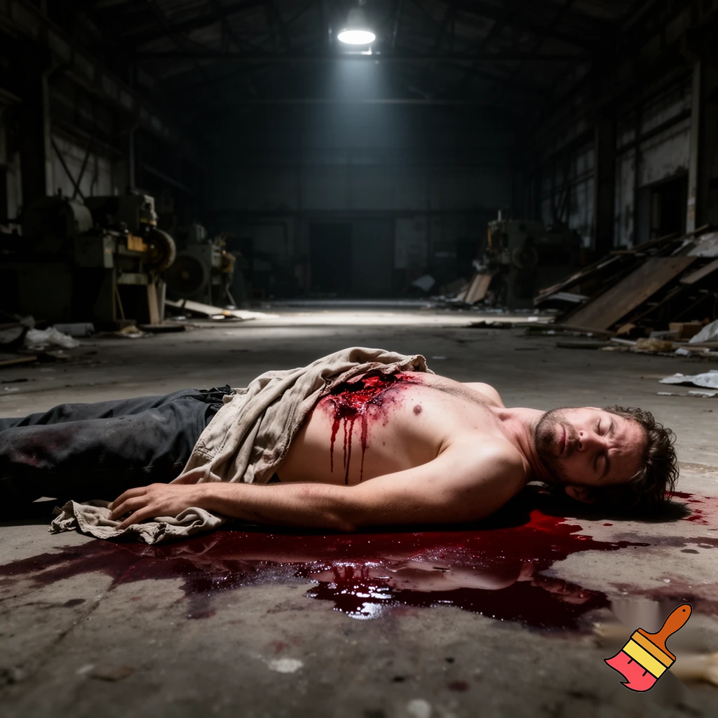 A corpse shirtless man, died, face are hiding by shirt, eye closed, chest opened wounded, blood everywhere