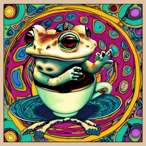A hillarious, funny boho toad with some hippie colored coffee cups. Psychedelic decorated background.